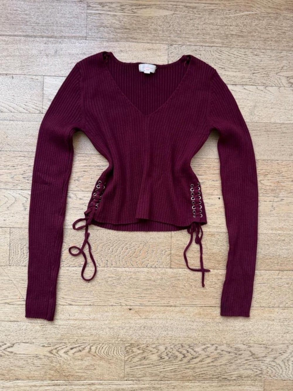 Y2K Ambiance Apparel Burgundy Lace-Up Ribbed Sweater